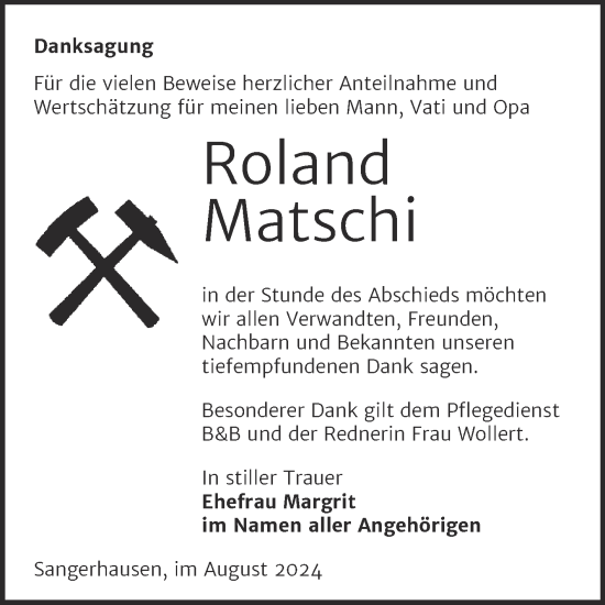 Traueranzeige von Roland Matschi von Trauerkombi Sangerhausen