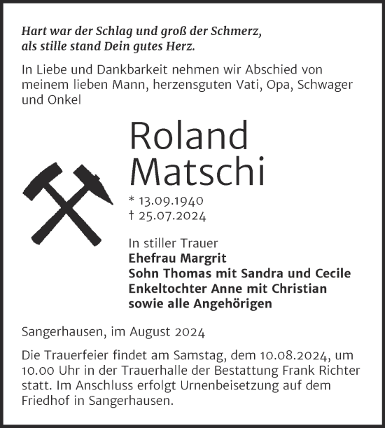 Traueranzeige von Roland Matschi von Trauerkombi Sangerhausen