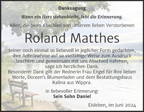 Traueranzeige von Roland Matthes von Mitteldeutsche Zeitung Mansfelder Land