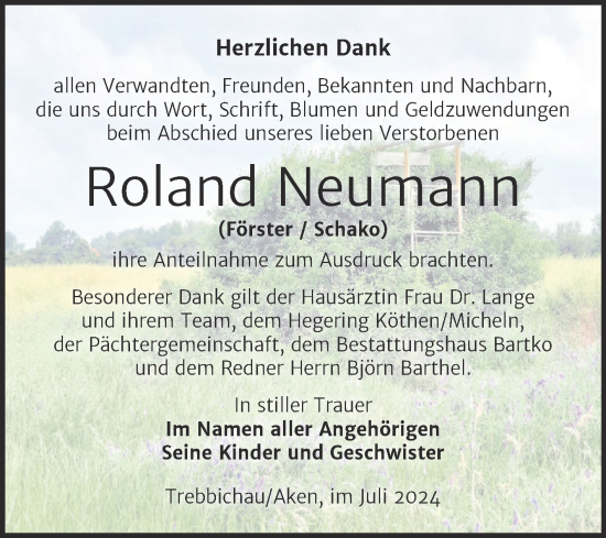 Traueranzeige von Roland Neumann von Trauerkombi Köthen