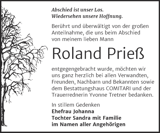 Traueranzeige von Roland Prieß von Trauerkombi Zeitz