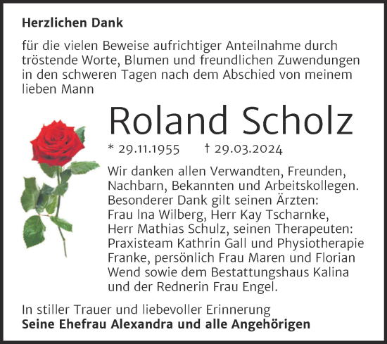 Traueranzeige von Roland Scholz von Trauerkombi Mansfelder Land