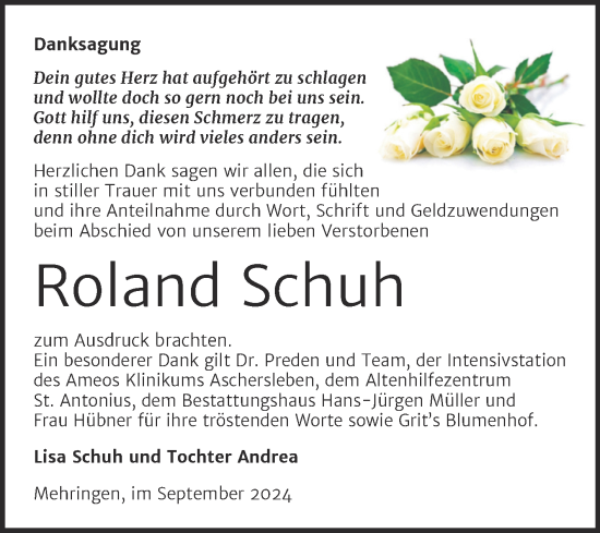 Traueranzeige von Roland Schuh von Trauerkombi Aschersleben