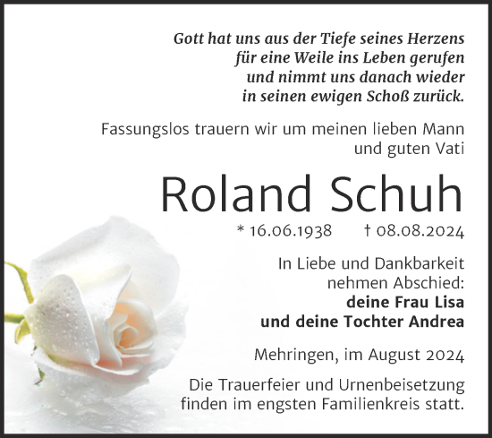Traueranzeige von Roland Schuh von Trauerkombi Aschersleben