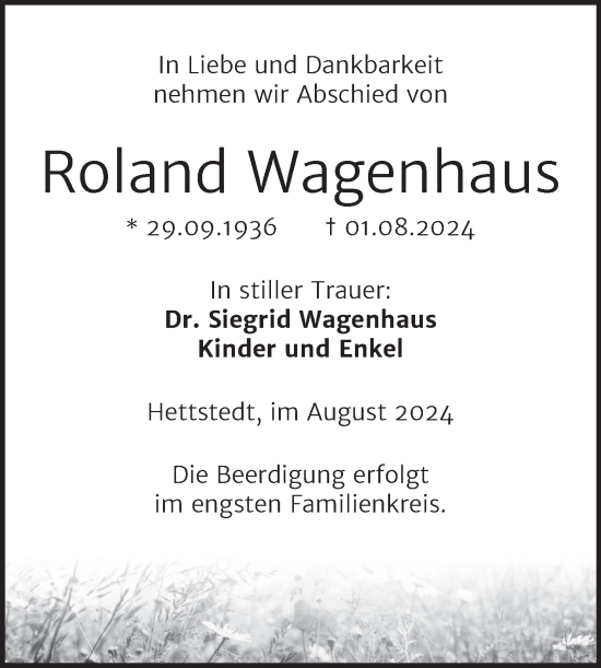 Traueranzeige von Roland Wagenhaus von Trauerkombi Mansfelder Land