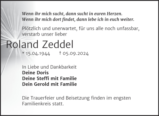 Traueranzeige von Roland Zeddel von Trauerkombi Mansfelder Land
