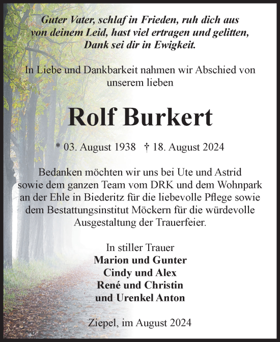 Traueranzeige von Rolf Burkert von Volksstimme Burg/Genthin