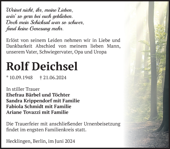 Traueranzeige von Rolf Deichsel von Volksstimme Staßfurt