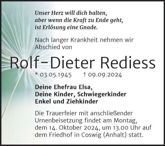Traueranzeige von Rolf-Dieter Rediess von Trauerkombi Wittenberg