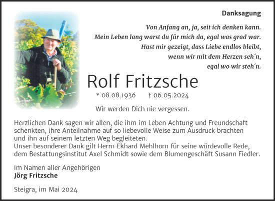 Traueranzeige von Rolf Fritzsche von Trauerkombi Merseburg