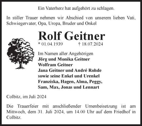 Traueranzeige von Rolf Geitner von Volksstimme Haldensleben/Wolmirstedt