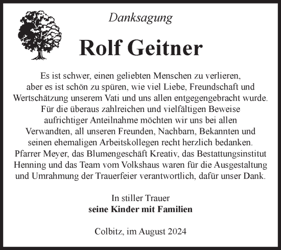 Traueranzeige von Rolf Geitner von Volksstimme Haldensleben/Wolmirstedt