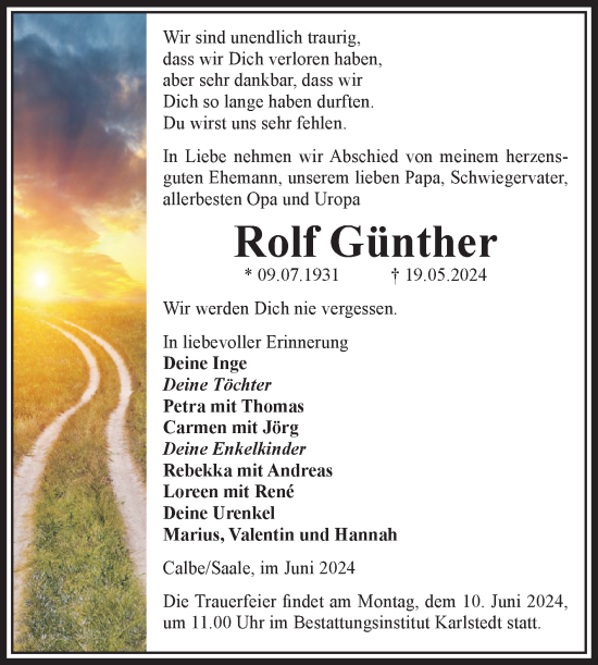 Traueranzeige von Rolf Günther von Volksstimme Schönebeck