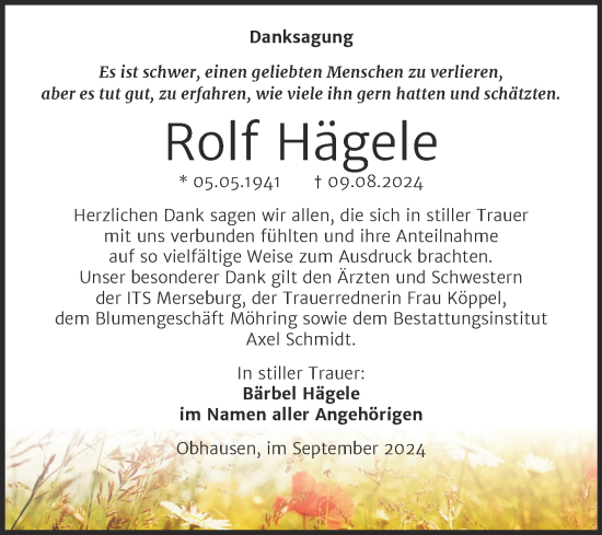 Traueranzeige von Rolf Hägele von Trauerkombi Merseburg