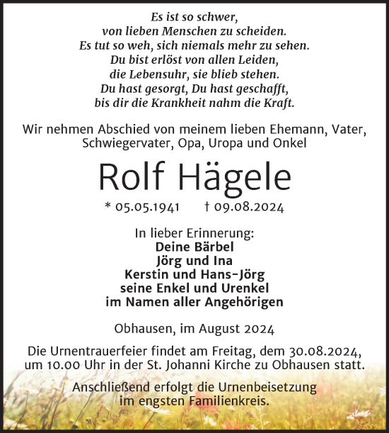Traueranzeige von Rolf Hägele von Trauerkombi Merseburg