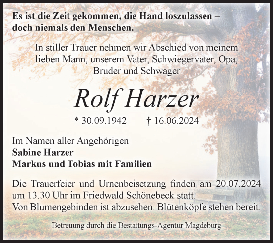 Traueranzeige von Rolf Harzer von Volksstimme Magdeburg