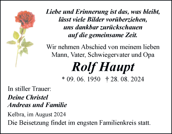 Traueranzeige von Rolf Haupt von Trauerkombi Sangerhausen
