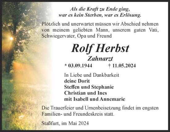 Traueranzeige von Rolf Herbst 