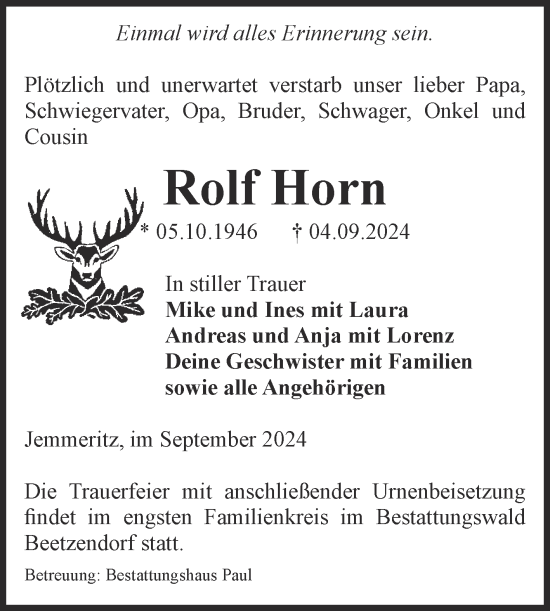 Traueranzeige von Rolf Horn von Volksstimme Altmark West