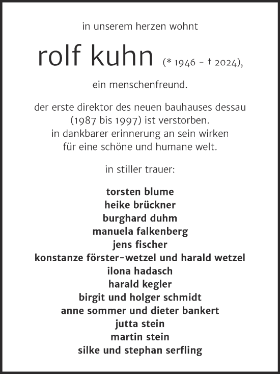 Traueranzeige von Rolf Kuhn von Mitteldeutsche Zeitung Dessau-Roßlau