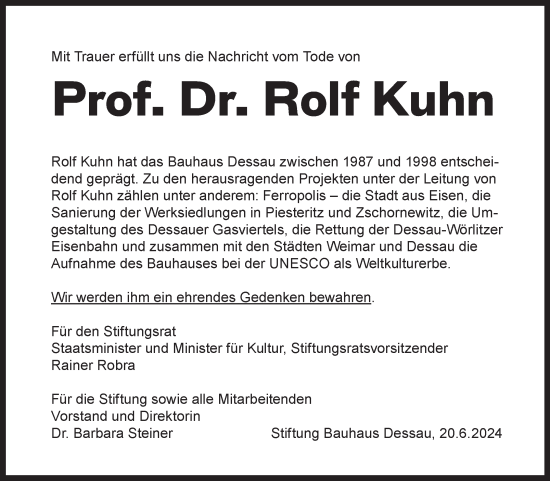 Traueranzeige von Rolf Kuhn von Mitteldeutsche Zeitung Dessau-Roßlau