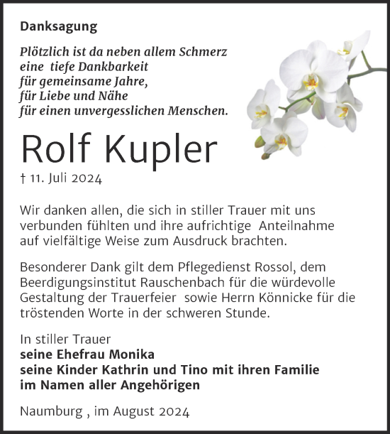 Traueranzeige von Rolf Kupler von Super Sonntag Naumburg/Nebra