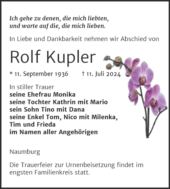 Traueranzeige von Rolf Kupler von Super Sonntag Naumburg/Nebra