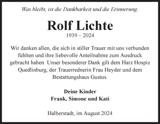 Traueranzeige von Rolf Lichte von Volksstimme Halberstadt
