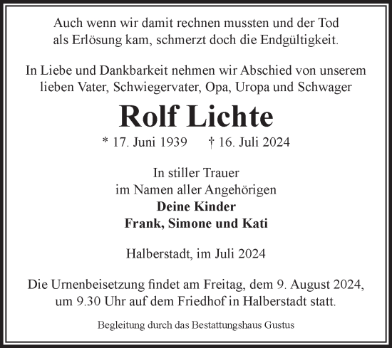 Traueranzeige von Rolf Lichte von Volksstimme Halberstadt