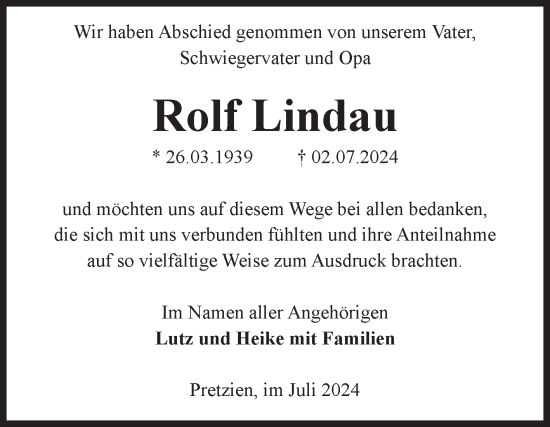 Traueranzeige von Rolf Lindau von Volksstimme Schönebeck