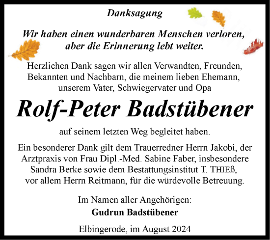 Traueranzeige von Rolf-Peter Badstübener von Volksstimme Wernigerode
