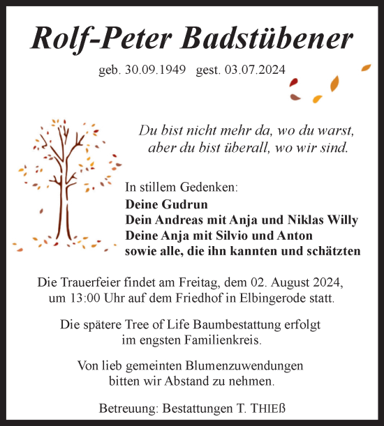Traueranzeige von Rolf-Peter Badstübener von Volksstimme Wernigerode