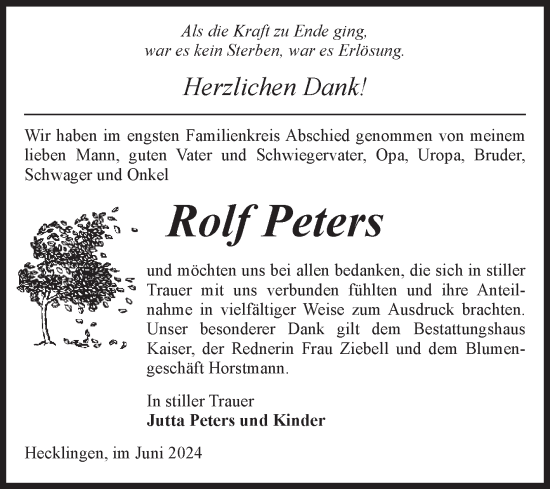 Traueranzeige von Rolf Peters von Volksstimme Staßfurt
