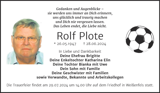 Traueranzeige von Rolf Plote von Trauerkombi Weißenfels