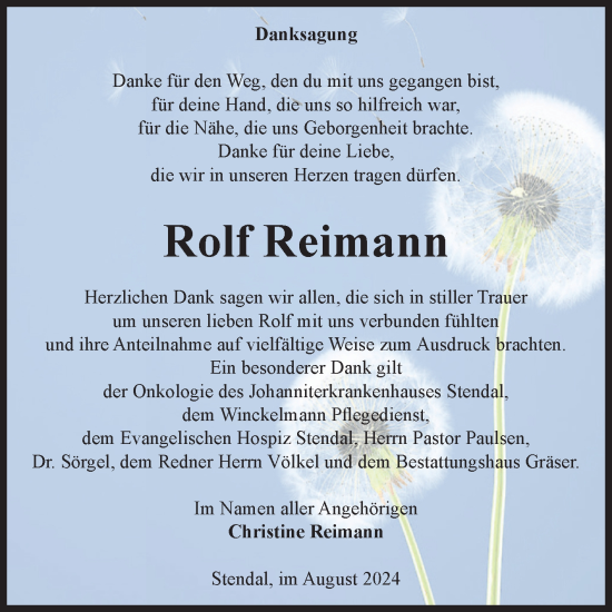 Traueranzeige von Rolf Reimann von Volksstimme Altmark Ost