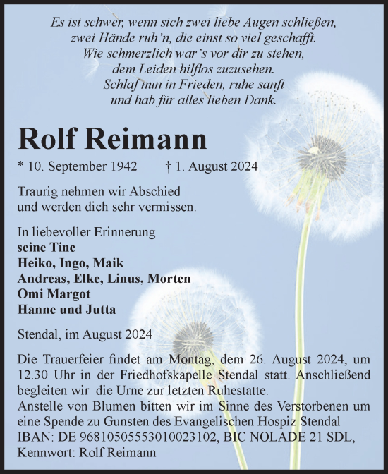 Traueranzeige von Rolf Reimann von Volksstimme Altmark Ost