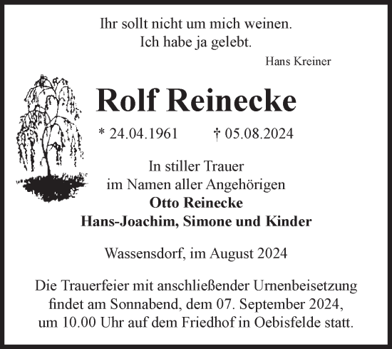 Traueranzeige von Rolf Reinecke von Volksstimme Altmark West