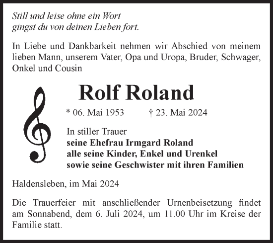 Traueranzeige von Rolf Roland von Volksstimme Haldensleben/Wolmirstedt