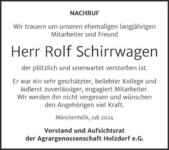 Traueranzeige von Rolf Schirrwagen von Super Sonntag Wittenberg