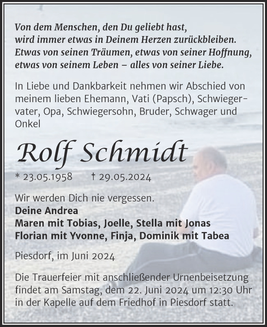 Traueranzeige von Rolf Schmidt von Trauerkombi Bernburg