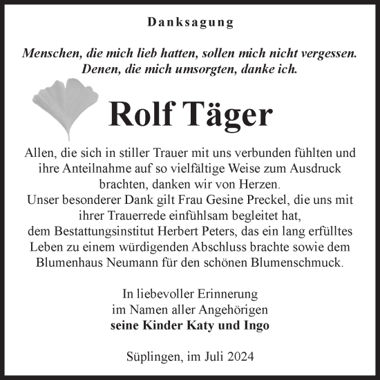 Traueranzeige von Rolf Täger von Volksstimme Haldensleben/Wolmirstedt