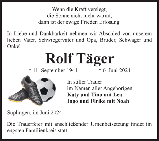 Traueranzeige von Rolf Täger von Volksstimme Haldensleben/Wolmirstedt
