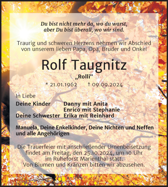 Traueranzeige von Rolf Taugnitz von Super Sonntag Naumburg/Nebra