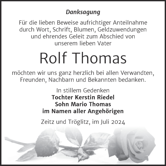 Traueranzeige von Rolf Thomas von Trauerkombi Zeitz