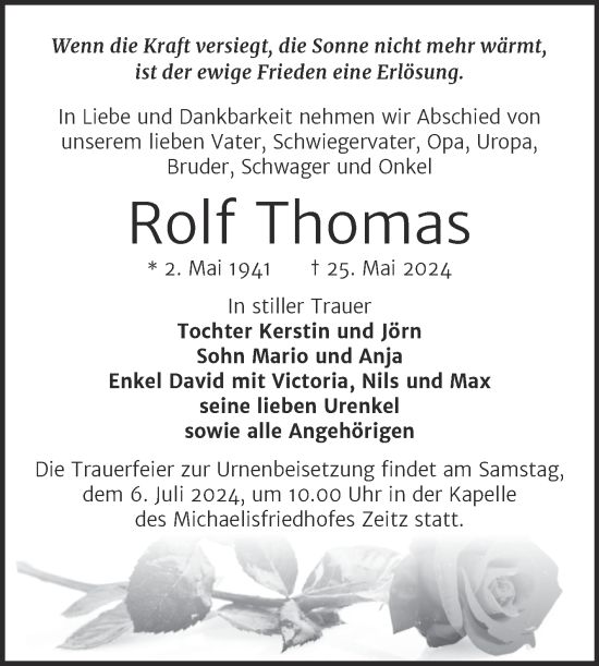 Traueranzeige von Rolf Thomas von Trauerkombi Zeitz