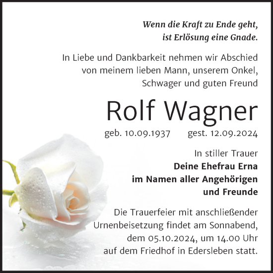Traueranzeige von Rolf Wagner von Trauerkombi Sangerhausen
