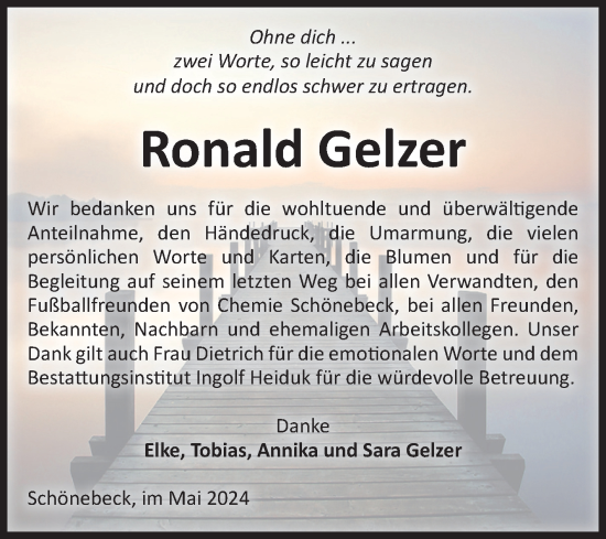 Traueranzeige von Ronald Gelzer von Volksstimme Schönebeck