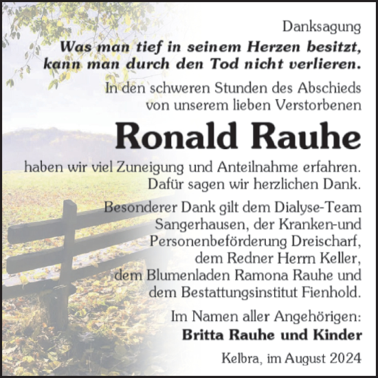 Traueranzeige von Ronald Rauhe von Trauerkombi Sangerhausen