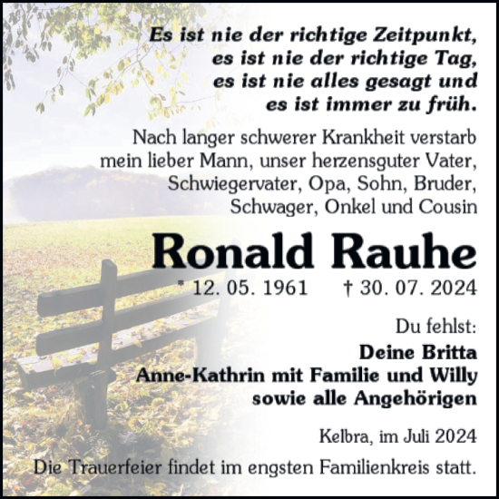 Traueranzeige von Ronald Rauhe von Trauerkombi Sangerhausen