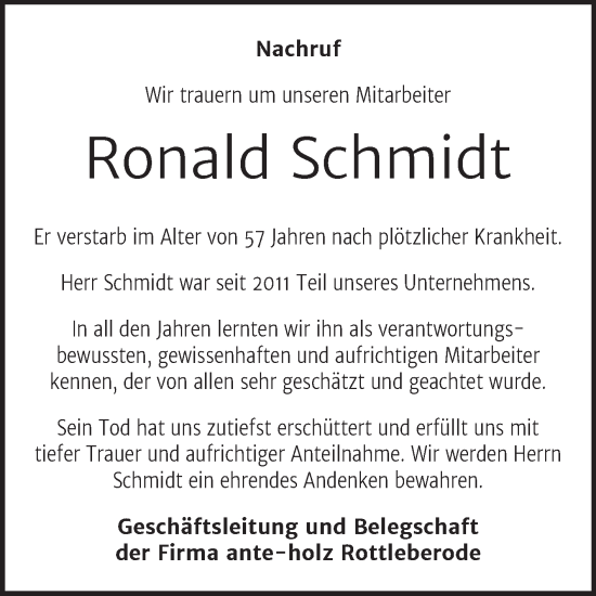 Traueranzeige von Ronald Schmidt von Super Sonntag Sangerhausen